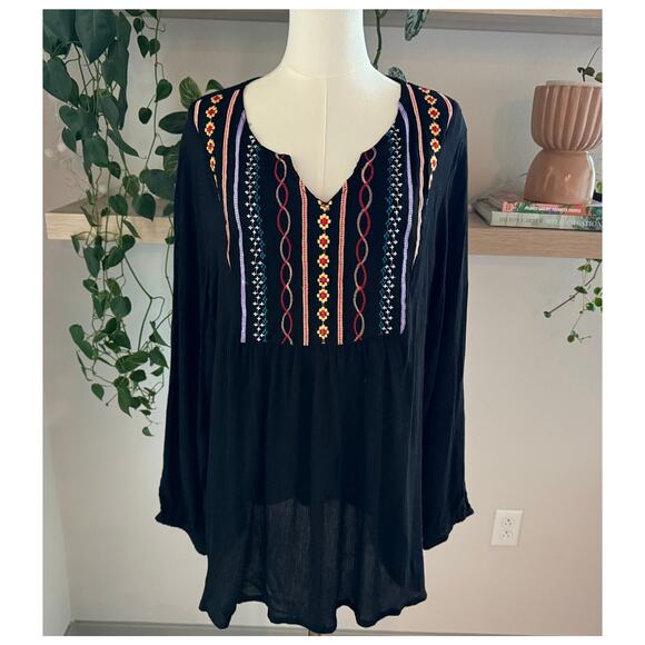 National Black Boho Embroidered Tunic Top XL Rayon Festival Peasant Retro Artsy - Picture 1 of 7